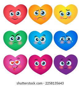Funny Colored smiley Hearts. Cute Cartoon characters. Bright Vector set of Heart icons. Creative hand drawn hearts with different emotions. Cartoon design element for Valentines Day greeting card.