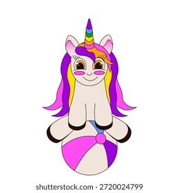 Unicornio de color divertido. Ilustración vectorial del unicornio lindo del arco iris en la bola de goma de la playa aislada fondo transparente. Divertida camiseta infantil estampada y arte de verano para niños. EPS 10 Editable