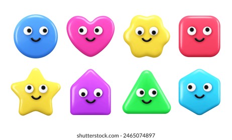 Funny colorful 3D elements of different shapes. Geometric characters with faces. Circle, heart, square, star, triangle, hexagon. Vector illustration