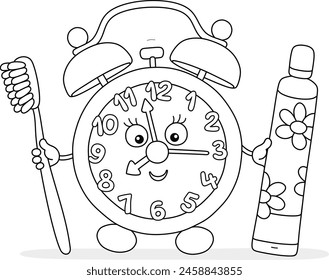 Divertido reloj despertador colorido personaje amigable sonriendo y sosteniendo un cepillo de dientes y pasta de dientes para limpiar los dientes, contorno blanco y negro ilustración de dibujos animados de Vector para un libro de colorear