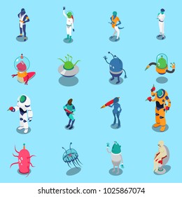 Funny colorful aliens isometric icons set isolated on blue background 3d vector illustration