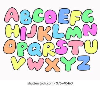 Funny Colorful Alphabet poster for children. Cute cartoon alphabetic letters in rainbow colors. Black outline. Bold font abc, rounded type for birthday greeting, baby shower card, educational poster.