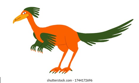 Funny colorful archaeopteryx isolated on white background. Cute dinosaur with feathers. Land extinct reptile. Fun stock vector illustration drawn by hand. Flat style drawing.