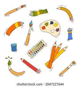 A funny and colorful artist set. A set of tools for painting. Creation. Pencils. Brushes. Paints. Palette. Watercolor. Gouache. A tube of oil paint. Doodle. Vector. Drawn by hand. Stationery.