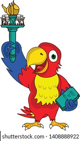funny colorful artwork of a parrot as a statue of liberty
