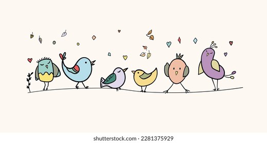 Funny colorful birds sitting on wires. Color flat vector illustration with little cartoon bird. Cute characters. Card, postcards for kids.