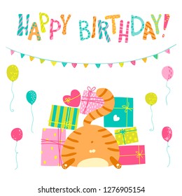 Funny colorful birthday card. Red cat in gift boxes. Vector Childish hand-drawn illustration in simple cartoon style in pastel colors.