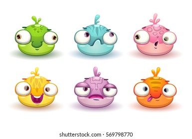 Funny colorful blob characters set. Vector cute baby alien icons, isolated assets for game design.