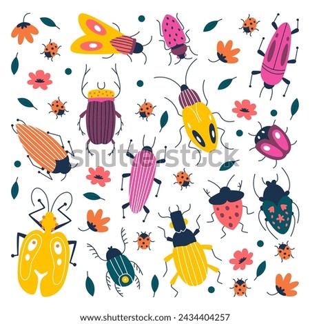 Funny colorful bug insects, cute garden pests, kawaii plants vermin beetles cartoon characters vector illustration. Cockroach, ladybird, colorado parasite mascot set. Fauna and wildlife concept