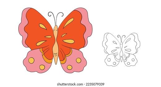 Funny colorful butterfly. Color flat vector set of detailed butterflies. Cute characters. Card, postcards for kids. Silhouette icon.