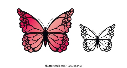 Funny colorful butterfly. Color flat vector set of detailed butterflies. Cute characters. Card, postcards for kids. Silhouette icon.