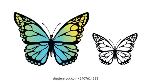 Funny colorful butterfly. Color flat vector set of detailed butterflies. Cute characters. Card, postcards for kids. Silhouette icon.