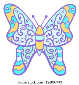 Funny colorful butterfly with curls. Vector illustration for your beautiful design. Purple  and blue wallpaper for invitation and greeting card.