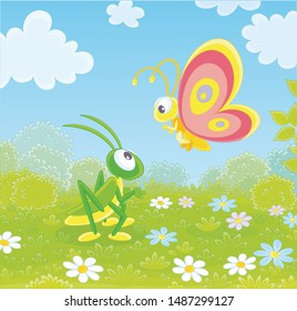 Funny colorful butterfly and a green grasshopper friendly talking among wildflowers on a green field on a pretty summer day, vector illustration in a cartoon style