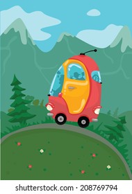 Funny colorful car travels on a green landscape with mountains, trees and flowers.
