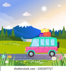 Funny Colorful Car with Trunk and Luggage on Roof Going by Road at Beautiful Nature Background with Mountains Landscape, Lake and Pine Trees. Traveling, Vacation. Cartoon Flat Vector Illustration.