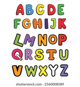 funny colorful cartoon alphabet poster featuring rounded bold letters in rainbow colors with a black outline. perfect for kids' birthday cards, baby showers, or as an educational nursery print.