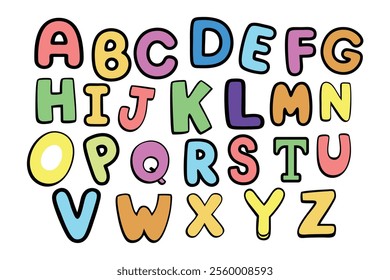 funny colorful cartoon alphabet poster featuring rounded bold letters in rainbow colors with a black outline. perfect for kids' birthday cards, baby showers, or as an educational nursery print.