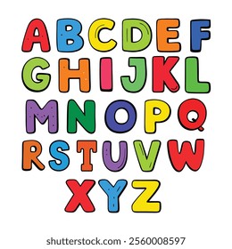 funny colorful cartoon alphabet poster featuring rounded bold letters in rainbow colors with a black outline. perfect for kids' birthday cards, baby showers, or as an educational nursery print.