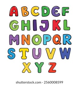 funny colorful cartoon alphabet poster featuring rounded bold letters in rainbow colors with a black outline. perfect for kids' birthday cards, baby showers, or as an educational nursery print.