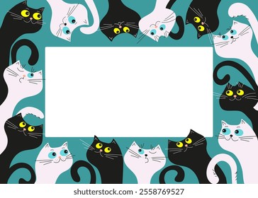  Funny colorful cartoon cats. Frame, banner pets. Design of postcard, flyer. Place for text. Vector illustration, isolated background.