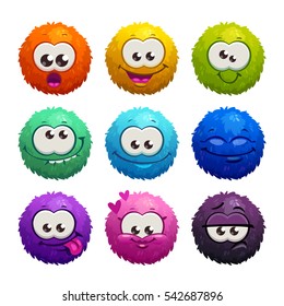 Funny Colorful Cartoon Comic Fury Round Characters With Different Emotions. Cute Game Assets. Vector Illustration, Isolated Icons On White Background.