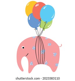 funny colorful cartoon elephant flying with balloons, freehand vector clipart, holiday illustration with cute character