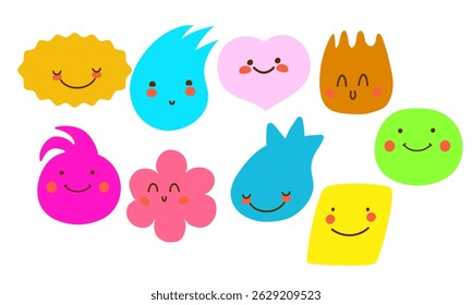 Funny colorful cartoon faces with different shapes and expressions. Perfect for kids designs, stickers, social media, games, and decor.