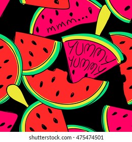 Funny colorful cartoon seamless pattern of watermelon slices on a black background. Summer fresh fruit background.