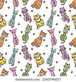 Funny colorful cartoon tabby cat seamless pattern. Crayon like child`s hand drawn cute kitten clip art set. Pastel chalk or pencil kids line art stroke sitting cats. Vector artistic doodle simple pets