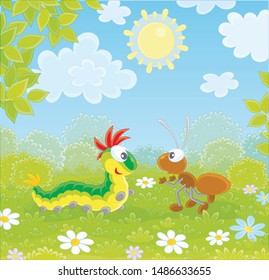 Funny colorful caterpillar and brown ant friendly talking on a green glade of a forest on a pretty summer day, vector illustration in a cartoon style