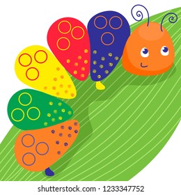 Funny colorful caterpillar. Smiling insect on the green leave. Vector illustration, cartoon baby style.