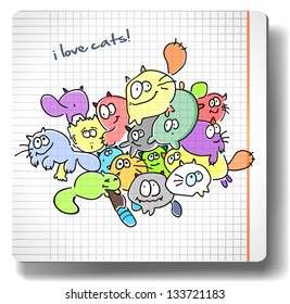 Funny colorful cats drawn by hand on a sheet of paper.