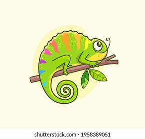 Funny colorful chameleon sitting on branch.Animal for design birthday cards,veterinarian clinic posters,pet shop sale ads,fashion print,stickers,cards,invites.Reptile in wild life.Vector illustration.