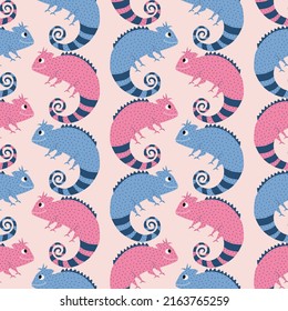 Funny colorful chameleons hand drawn vector illustration. Cute exotic lizard in flat style. Seamless pattern for kids fabric.