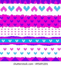 funny colorful childish background. Valentines day backdrop in purple, pink, blue and yellow colors. Abstract seamless girlish pattern with knitted  hearts.Repeated backdrop. Fashion Love wallpaper.