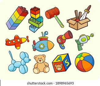 Funny and colorful children toys in simple doodle style