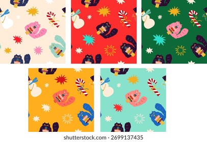 Patrones inconsútiles coloridos divertidos de las Navidades con el caramelo y el muñeco de nieve de los gatos