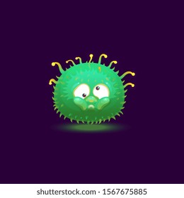 Funny colorful comic round character with silly face the cartoon vector illustration isolated on dark background. Monster or space alien glowing icon for games and apps.
