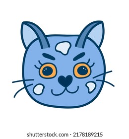 Funny, colorful and cute cat face close up, hand drawn vector