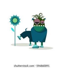 Funny  colorful cute monster doing something. Flat style. Easy to change his emotion with his mouth and eyes.