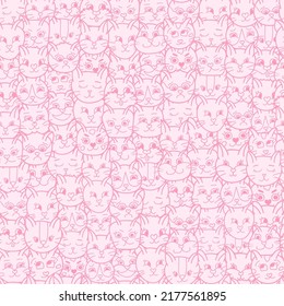 Funny, colorful and cute seamless pattern with cat faces close up, hand drawn vector