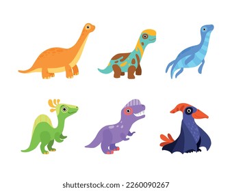 Funny Colorful Dinosaur as Cute Prehistoric Creature and Comic Jurassic Predator Vector Set