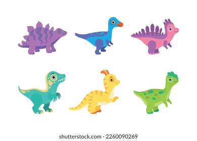 Funny Colorful Dinosaur as Cute Prehistoric Creature and Comic Jurassic Predator Vector Set
