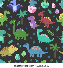 Funny colorful dinosaurs, footprins, eggs, baby, palm Seamless vector pattern on black background