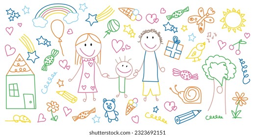 Funny colorful doodle family set. Mom, dad, kid, toys. Hand drawn line childish background. Happy childhood concept