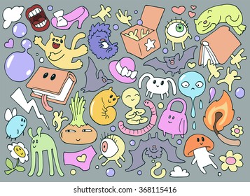 Funny colorful doodle illustration set