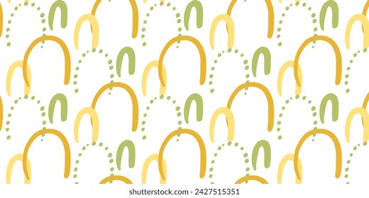 Funny colorful doodle seamless pattern, Baby neutral print in bright colors, yellow, green. Naive style. Simple childish scribble wallpaper print, perfect for the nursery, baby shower, textiles