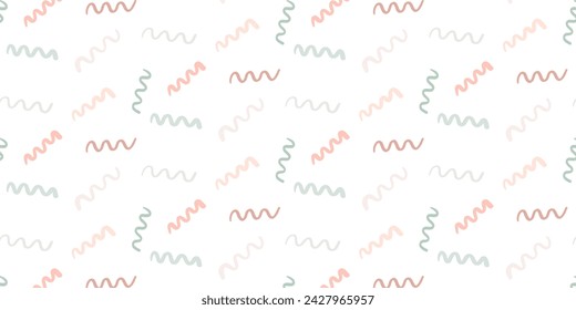 Lustiges buntes kritzelndes nahtloses Muster, Baby-neutraler Druck in hellen Farben, gelb, grün. Naiver Stil. Einfacher kindischer Kritzel-Tapetenprint, perfekt für das Kinderzimmer, Babydusche, Textilien	
