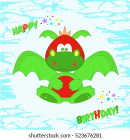 Funny colorful  Dragon. Greeting card with birthday. T-shirt design for kids. The design of baby clothes vector illustration.
